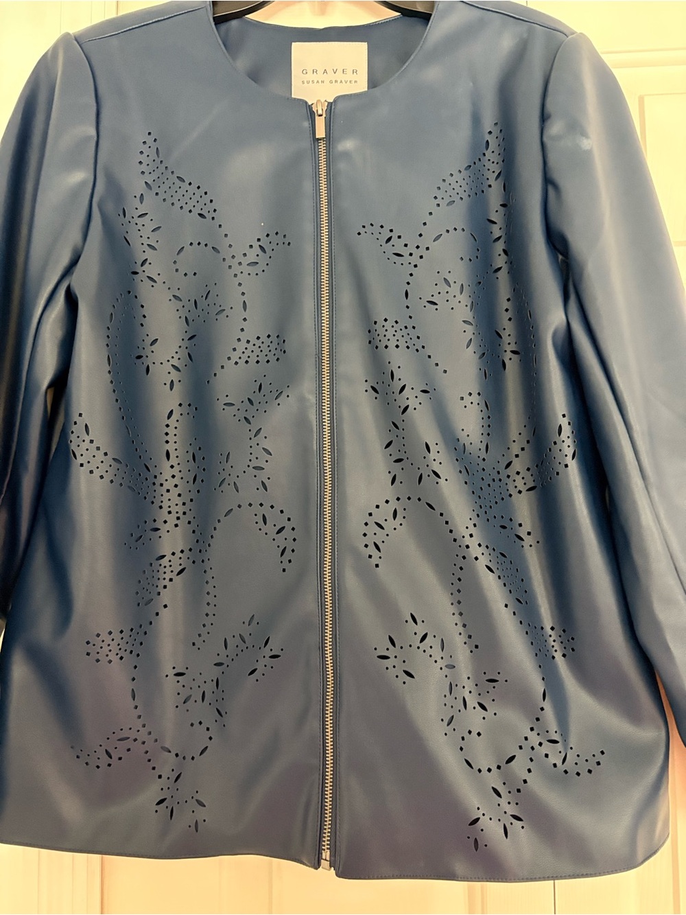 Blue Perforated Faux Leather Jacket - Women's Zip Front